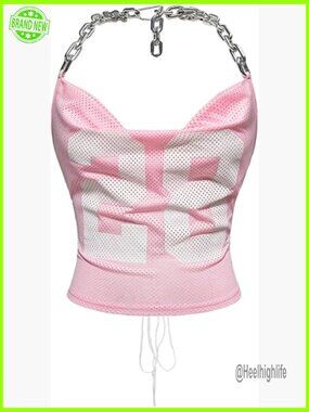 Y2K Number Graphic Halter Crop Top Open Back Chain Sleeveless Summer Party Top